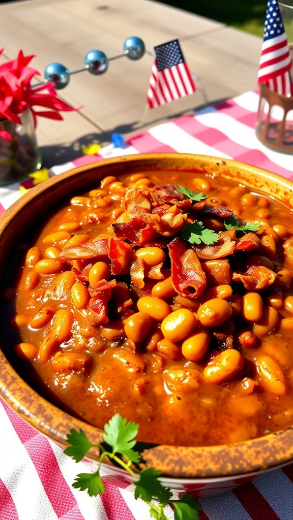 A bowl of classic baked beans with bacon, garnished with parsley, set against a festive 4th of July backdrop.